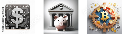 Digital currency, traditional banking, and cryptocurrency are depicted, representing diverse financial systems.  A piggy bank sits before a bank building symbolizing savings and investment. photo