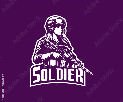 Soldier girl with assault rifle vector logo illustration isolated on purple background