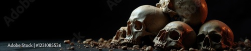 Skulls stacked in a tower on a black background, genocide skulls, dead bodies