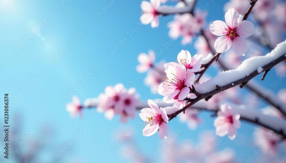 snow-covered plum blossom branches against a bright blue sky, cold weather scenery, snow on trees snow-covered plum blossom branches against a bright blue sky, cold weather scenery, snow on trees
