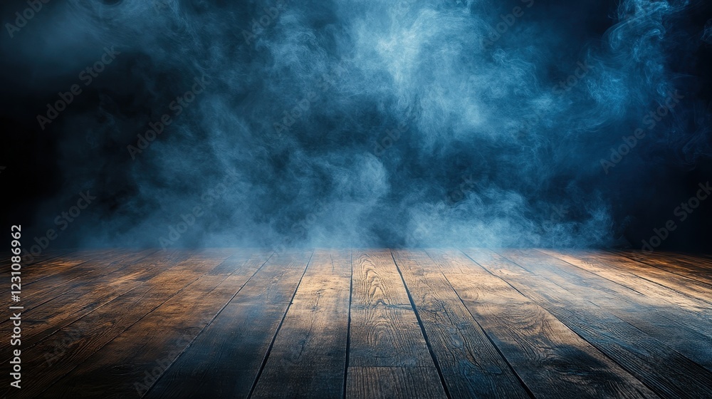 Dark wooden floor with blue smoke background. Ideal for product display, adding a mysterious or dramatic mood. Dark wooden floor with blue smoke background. Ideal for product display, adding a mysterious or dramatic mood.