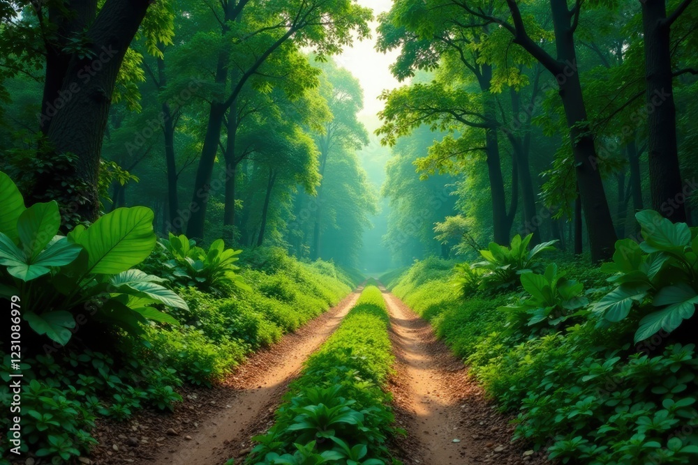 Obraz premium The dirt road leads through a dense thicket of vegetation, jungle, trees, nature