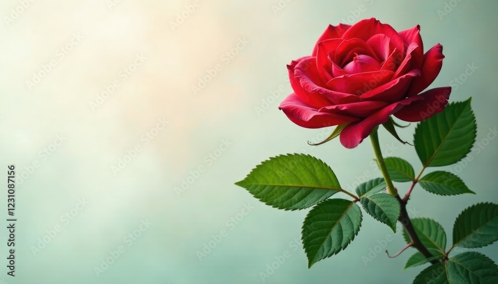 Obraz premium The intricate details of a single large red rose on a lush green branch, leaves, intricate, stem