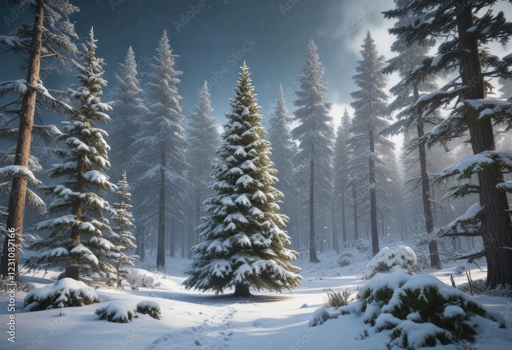 Snowy forest with a tall Christmas tree in the center, holiday season, snowy forest, winter wonderland Snowy forest with a tall Christmas tree in the center, holiday season, snowy forest, winter wonderland