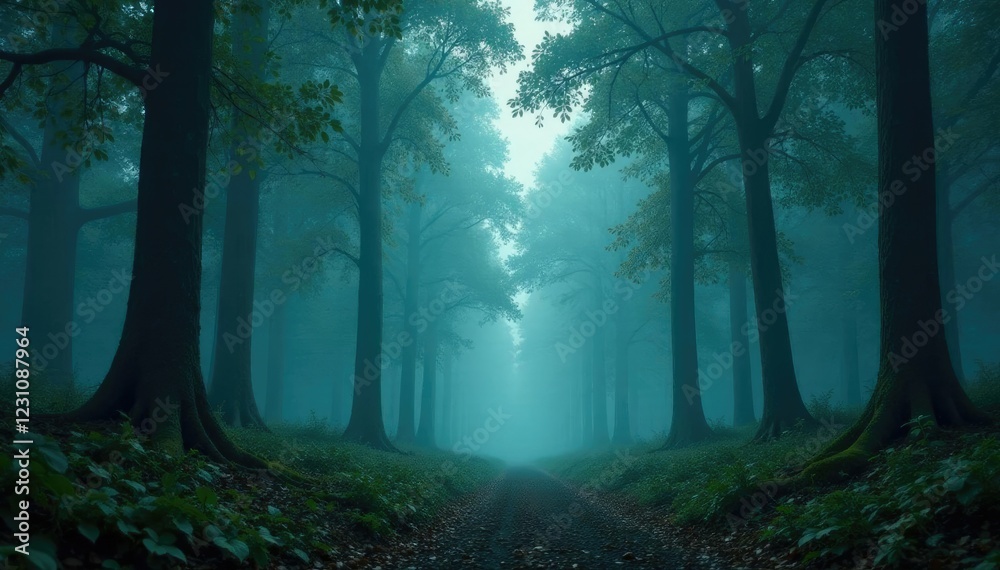 Towering trees in a misty, mysterious forest atmosphere, outdoorsy, foliage