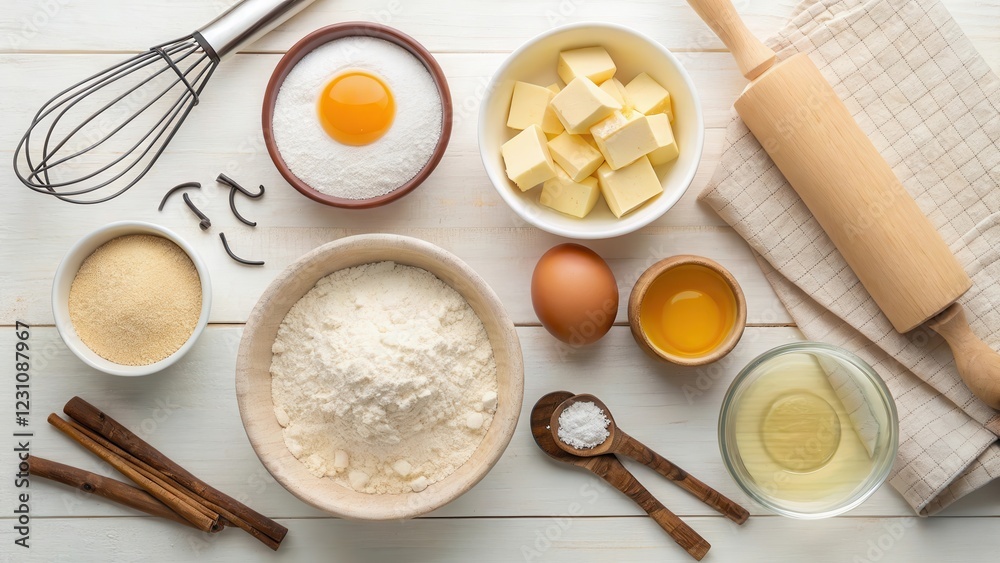 Baking Ingredients Arranged on a White Wooden Surface for Delicious Homemade Treats Baking Ingredients Arranged on a White Wooden Surface for Delicious Homemade Treats