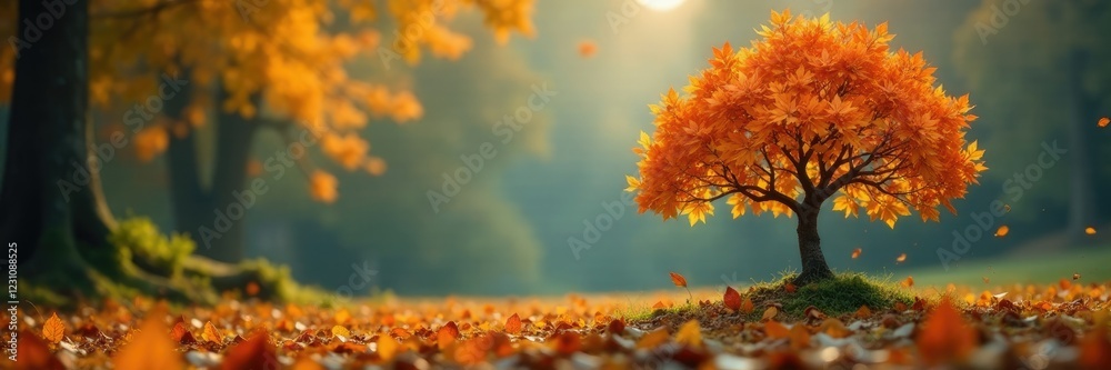 A small tree in the foreground with large fallen leaves behind it, small tree, landscape A small tree in the foreground with large fallen leaves behind it, small tree, landscape