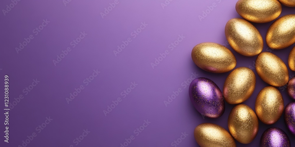 Vibrant purple and gold Easter eggs elegantly arranged on a rich purple background, embodying the festive spirit of the holiday season. Vibrant purple and gold Easter eggs elegantly arranged on a rich purple background, embodying the festive spirit of the holiday season.