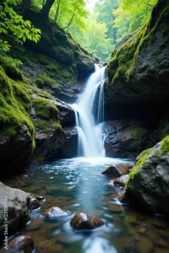 A waterfall tumbles over moss-covered rocks into a quiet stream, rocky, glistening