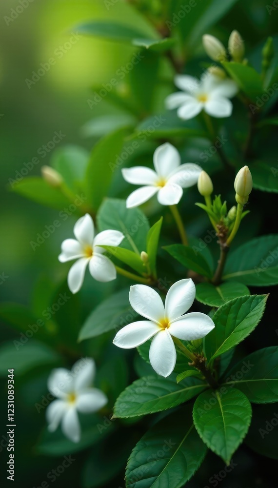 Dainty jasmine blooms amidst dense foliage and stems, flowers, blossom, greenery Dainty jasmine blooms amidst dense foliage and stems, flowers, blossom, greenery