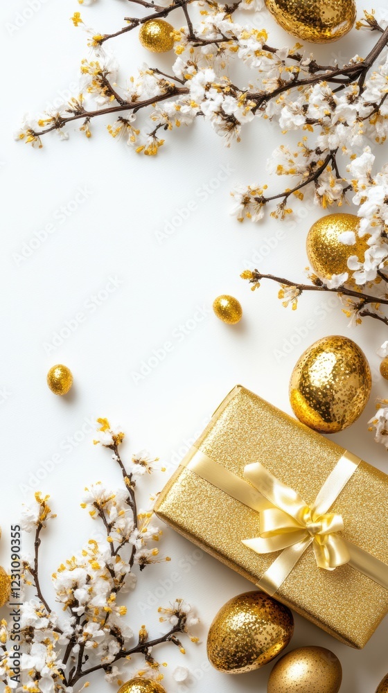 Fototapeta premium A luxurious gold gift box adorned with a bow sits alongside shimmering gold eggs, embodying the spirit of Easter celebration and joy.
