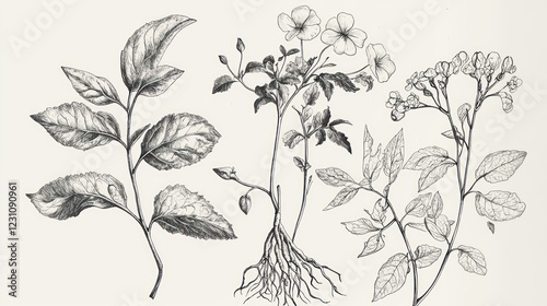 Botanical Illustration: A Delicate Pen and Ink Drawing of Various Plants
