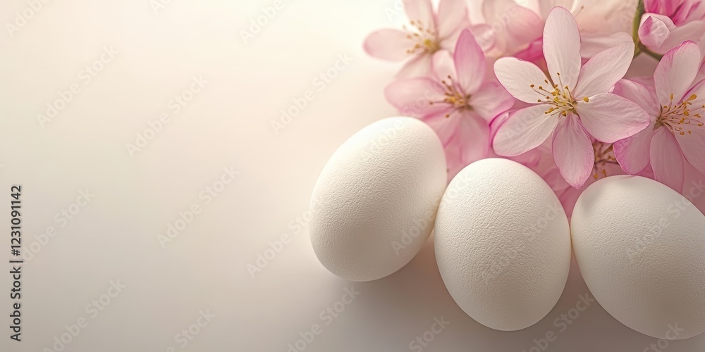 Three white eggs rest beside a vibrant bouquet of pink flowers, symbolizing the beauty and renewal of the Easter season. Three white eggs rest beside a vibrant bouquet of pink flowers, symbolizing the beauty and renewal of the Easter season.