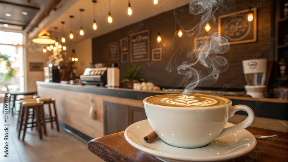 Obraz premium Aromatic Coffee with Latte Art in a Cozy Cafe Setting