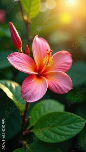 Plumeria frangipani in full bloom against bright light, hibiscus, garden