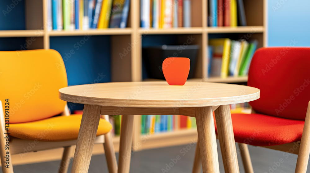 A cozy reading nook featuring a wooden table with an orange object and colorful chairs, set against a backdrop of bookshelves. A cozy reading nook featuring a wooden table with an orange object and colorful chairs, set against a backdrop of bookshelves.