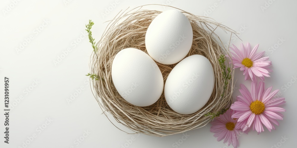 Three beautifully decorated eggs nestled in a floral arrangement on a white surface, symbolizing the joy of Easter celebrations. Three beautifully decorated eggs nestled in a floral arrangement on a white surface, symbolizing the joy of Easter celebrations.