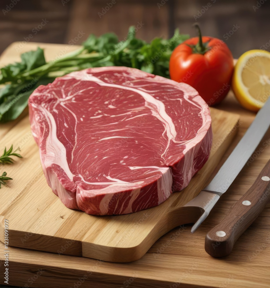 Raw cut of marbled beef on wooden cutting board , marbling, butchered, tender Raw cut of marbled beef on wooden cutting board , marbling, butchered, tender