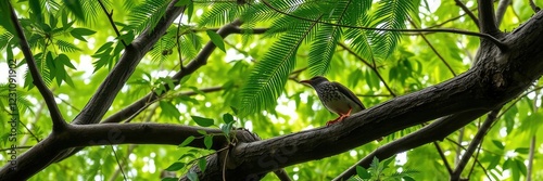 Rainforest canopy with a red-legged crake Rallina fasciata perched on a branch, fasciata, rainforest, leaves photo