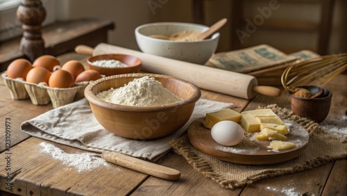 Rustic kitchen table scene with baking ingredients flour, eggs, butter, and utensils ready for baking photo