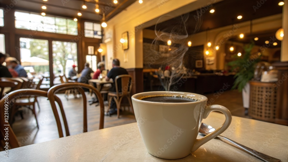 A steaming cup of coffee on a cafe table, blurred background of patrons enjoying the ambiance A steaming cup of coffee on a cafe table, blurred background of patrons enjoying the ambiance