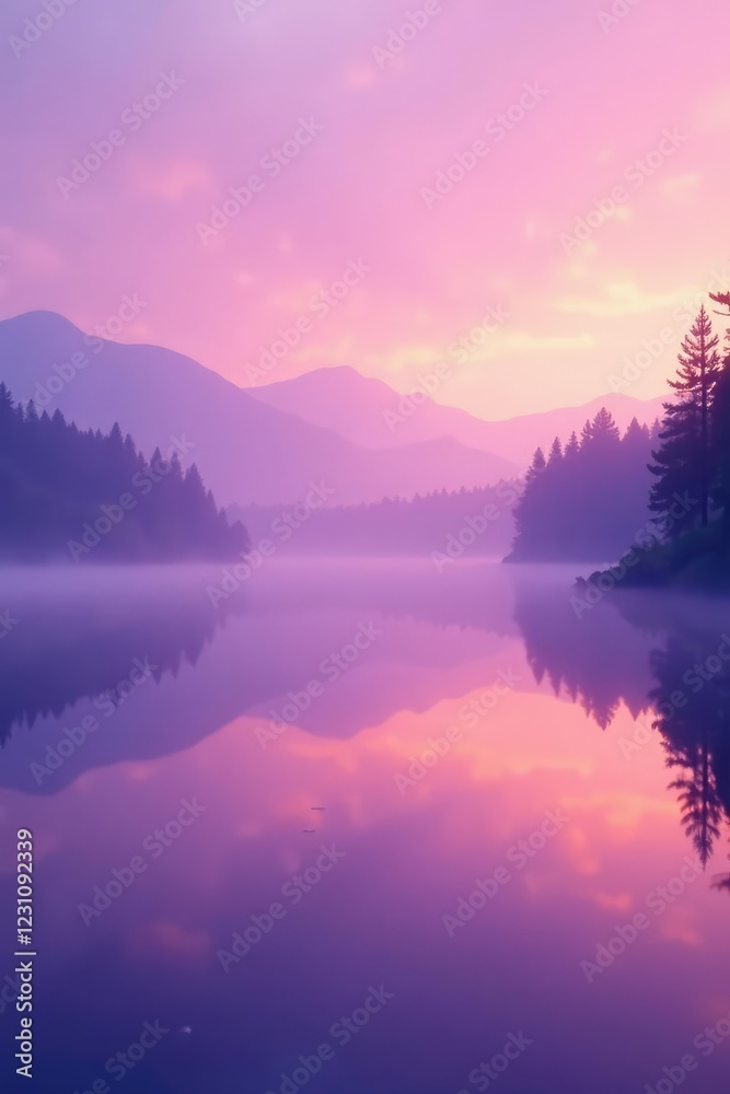 Fototapeta premium Gentle purple mist over a tranquil lake at dawn, subtle gradient, calm lake