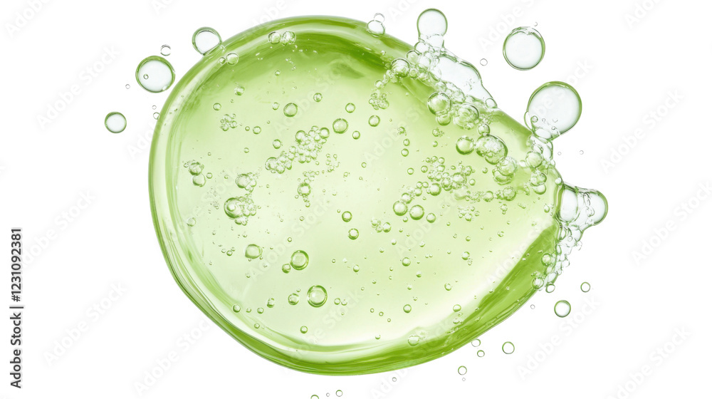Transparent green cosmetic gel splashing with bubbles