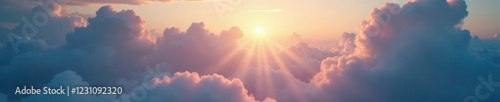 Gentle rays of light seep through clouds in a mystical scene, ethereal, translucent