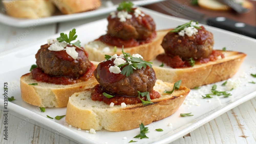 Appetizer Bites Meatballs on Toasted Bread with Marinara and Cheese Appetizer Bites Meatballs on Toasted Bread with Marinara and Cheese