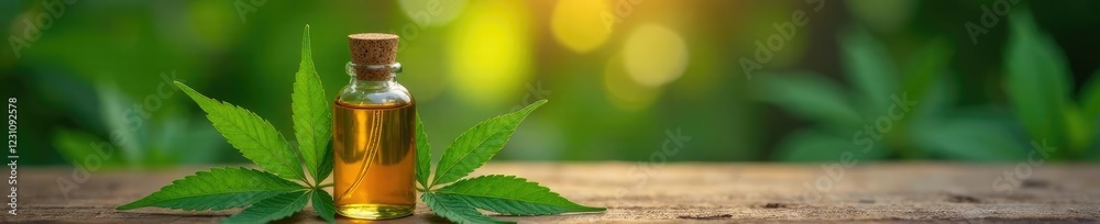 Glass bottle with CBD oil and hemp leaves on a wooden table, organic products, glass bottles, herbal remedies Glass bottle with CBD oil and hemp leaves on a wooden table, organic products, glass bottles, herbal remedies