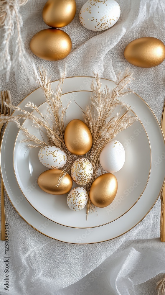 Elegant gold and white Easter eggs arranged on a sophisticated white plate with luxurious gold accents, perfect for festive celebrations. Elegant gold and white Easter eggs arranged on a sophisticated white plate with luxurious gold accents, perfect for festive celebrations.