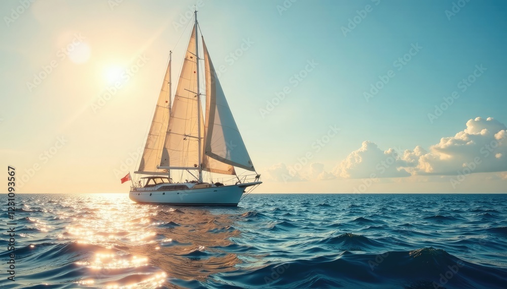 Fototapeta premium Sailing yacht with sails full of wind in a serene sea, sailboat, sun