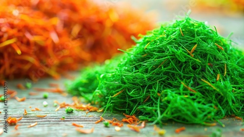 Saffron threads infused with green slime, forest floor, earthy, fungus photo