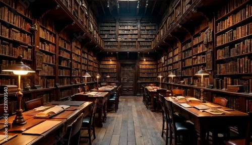 A room of ancient library with many books on the shelves