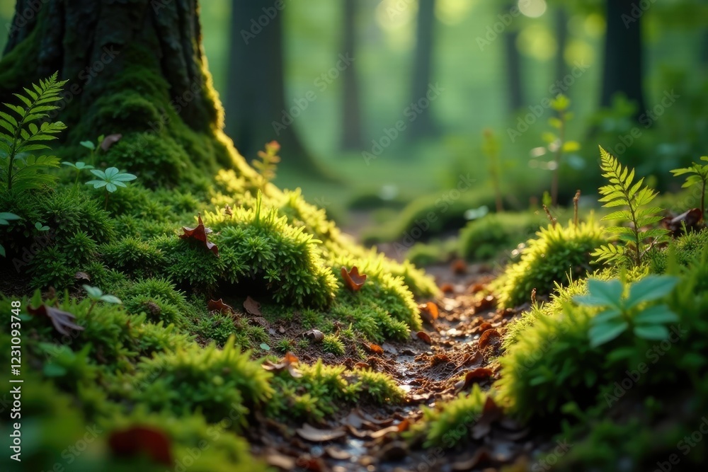 Mossy forest floor with decaying leaves and ferns, growth, moss, organic textures Mossy forest floor with decaying leaves and ferns, growth, moss, organic textures