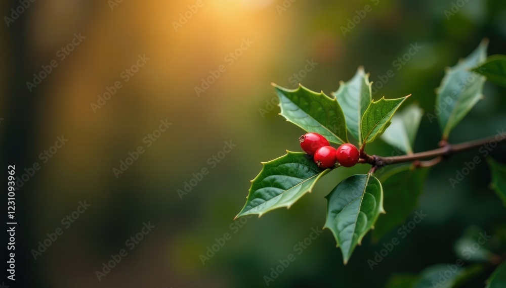 Single holly sprig against a subtle gradient background of autumnal colors, holly, christmas, woods Single holly sprig against a subtle gradient background of autumnal colors, holly, christmas, woods
