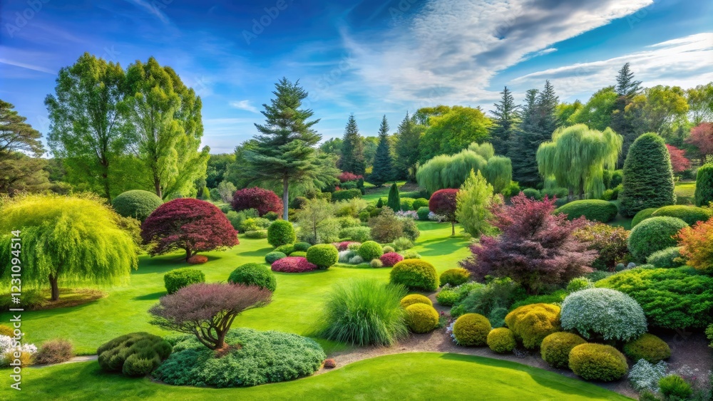 Fototapeta premium serene landscape with a variety of trees and shrubs growing in a peaceful environment, foliage, botanical garden, shrubs, nature, nature photography