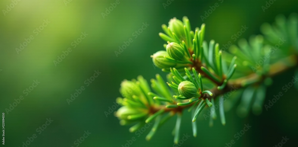 Small green fir buds sprouting from branch tips in spring, green, branch Small green fir buds sprouting from branch tips in spring, green, branch