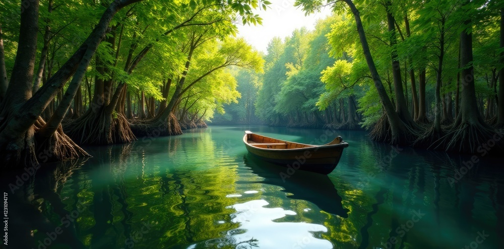 Small wooden boat gliding through calm mangrove waters, wooden boat, boat, reflection
