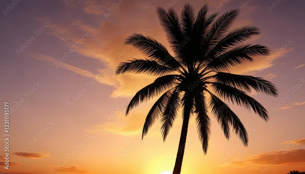 Obraz premium Silhouette of a palm tree against a bright orange sunset, sunset, outdoor