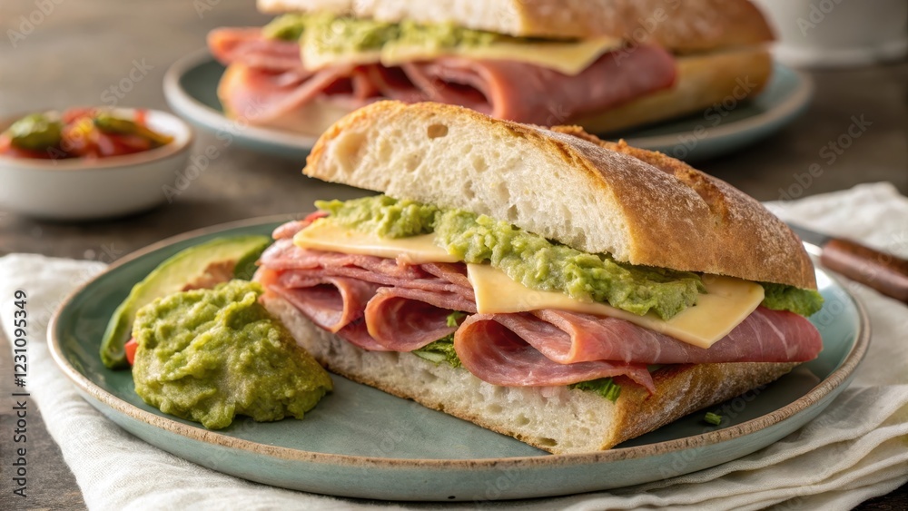 A Delicious Ciabatta Sandwich with Layers of Lean Meat, Melted Cheese, and Creamy Avocado Spread A Delicious Ciabatta Sandwich with Layers of Lean Meat, Melted Cheese, and Creamy Avocado Spread