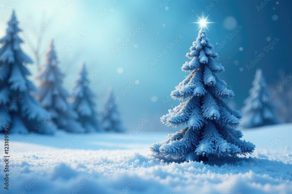 The blue Christmas tree's slender shape blends seamlessly into its snowy surroundings, modern, snowy