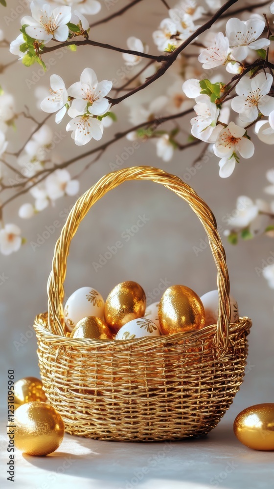 A vibrant basket filled with colorful eggs, including shiny gold ones, placed in front of a tree, symbolizing Easter festivities and renewal. A vibrant basket filled with colorful eggs, including shiny gold ones, placed in front of a tree, symbolizing Easter festivities and renewal.