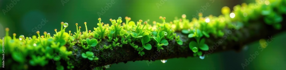 Tiny droplets of dew cling to delicate blades of green moss on a tree branch, moss, nature Tiny droplets of dew cling to delicate blades of green moss on a tree branch, moss, nature