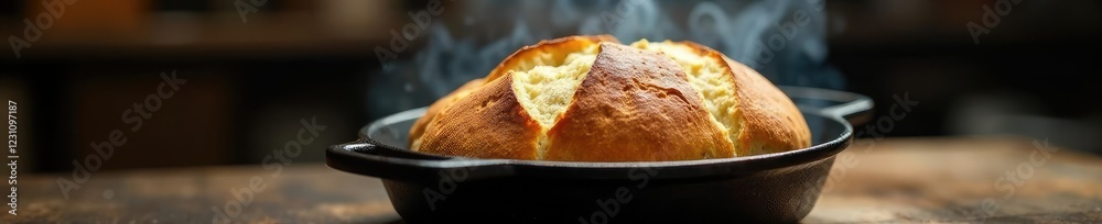 Artisan bread cooked in cast iron with steam rising, aromatics, artistry Artisan bread cooked in cast iron with steam rising, aromatics, artistry