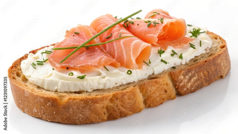 A Delicious Appetizer Creamy Cheese Spread Topped with Smoked Salmon and Fresh Herbs on Crusty Bread A Delicious Appetizer Creamy Cheese Spread Topped with Smoked Salmon and Fresh Herbs on Crusty Bread