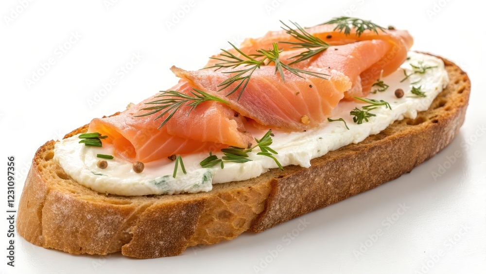A delectable appetizer featuring smoked salmon and creamy cheese spread atop a slice of crusty bread, garnished with fresh dill sprigs A delectable appetizer featuring smoked salmon and creamy cheese spread atop a slice of crusty bread, garnished with fresh dill sprigs