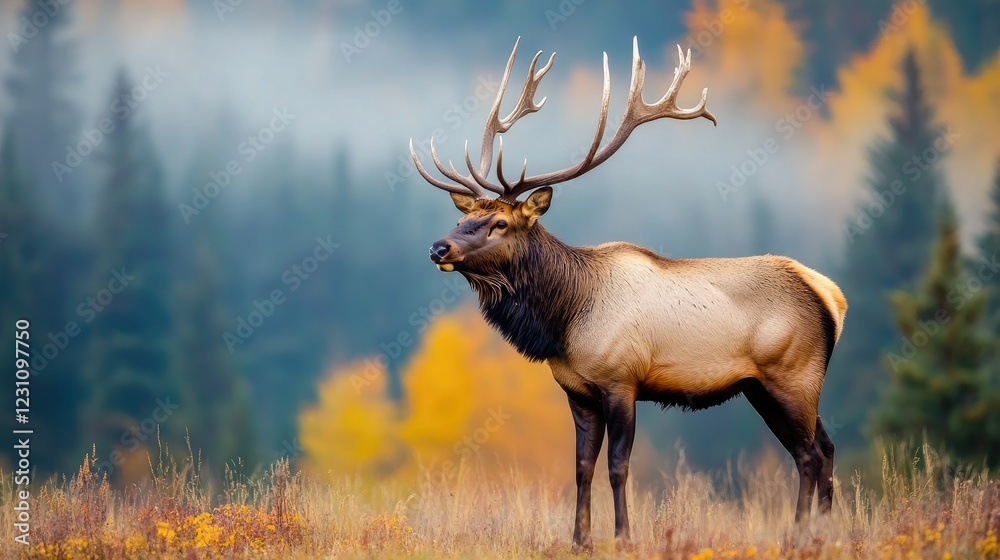 Majestic elk standing in a misty autumn forest, antlers towering above. Majestic elk standing in a misty autumn forest, antlers towering above.