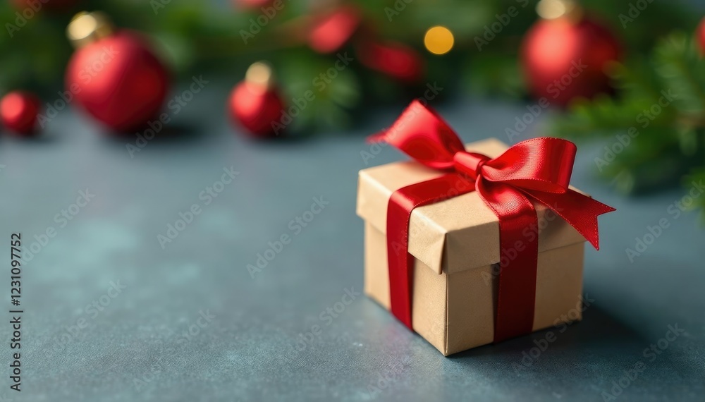 A small Christmas gift box with a red ribbon tied around it on a grey surface, holiday, garlands A small Christmas gift box with a red ribbon tied around it on a grey surface, holiday, garlands