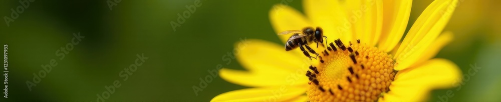 A solitary honey bee hovering over a bright yellow sunflower, insects, garden life A solitary honey bee hovering over a bright yellow sunflower, insects, garden life